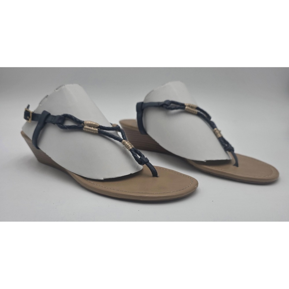 Dexter Women's Navy Blue Braided T-Strap Low Wedge Sandals Size 9 Gold Accents